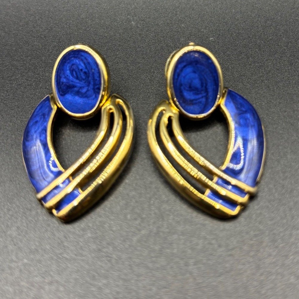 Vintage Gold Tone Cobalt Blue Enamel Door Knocker Statement Post Earrings